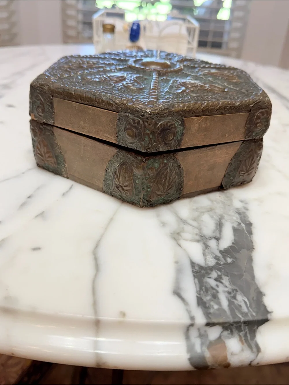 Antique Brass & Wood Ornate Hexagonal Decorative Trinket Box from Czech Republic